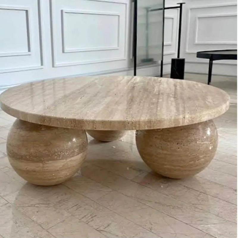 Troia Light Travertine Round Designer Coffee Table with Sphere Legs