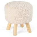 Round Footstool Ottoman Faux Fur Footrest with Padded Seat and Rubber Wood Legs-White