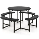 Round Picnic Table Bench Set with 4 Benches and Umbrella Hole for Patio Lawn by LJGDeals