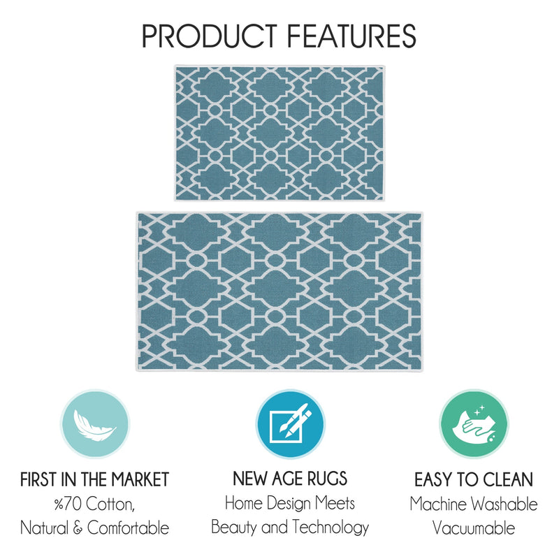 Geometric Graphic Design Non Skid Washable Kitchen Runner Rugs Set of 2| 44 x 24 and 31.5 x 20 Inches Floor Mats |Teal