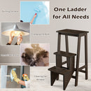 3-in-1 Rubber Wood 3 Tier Folding Step Stool Ladder Storage Shelf-Brown