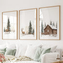 Deer and Cabin Winter 3 Piece Wall Art. Rustic Nordic Prints by Wall Art Set