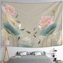 GobekUsa Koi Lotus Ink Tapestry Wall Hanging - Bohemian Aesthetics Home Decor