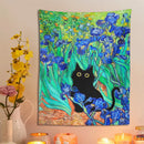 GobekUsa Irises Cat Tapestry: Van Gogh Inspired Black Cat Art & Floral Print