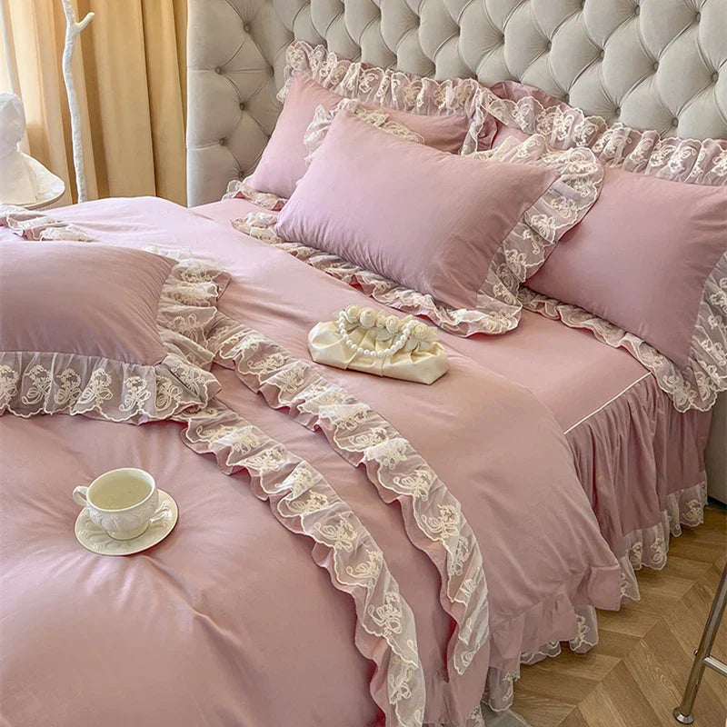 GobekUsa Korean Princess Lace Ruffles Bedding Set in Bean Paste Pink, photo 2 of 11