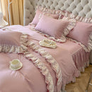 GobekUsa Korean Princess Lace Ruffles Bedding Set in Bean Paste Pink