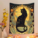 GobekUsa Black Cat Tapestry Wall Hanging - Psychedelic Floral Art for Cat Lovers