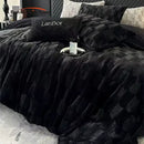 GobekUsa Cozy Faux Rabbit Fur Bedding Set in Black & Grey: Duvet, Sheets, Pillowcases