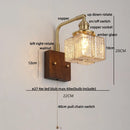 GobekUsa Amber Glass LED Wall Sconce with Walnut Wood, Pull Chain Switch for Living Room