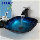 GobekUsa Gradient Blue Glass Basin Faucet Set with Waterfall Mixer Taps