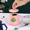 GobekUsa Christmas Ceramic Mug Set with Lid, Spoon - Festive Santa Claus & Elk Design