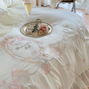 GobekUsa 4Pcs Flowers Embroidery Princess Queen Bedding Set with Lace Ruffles