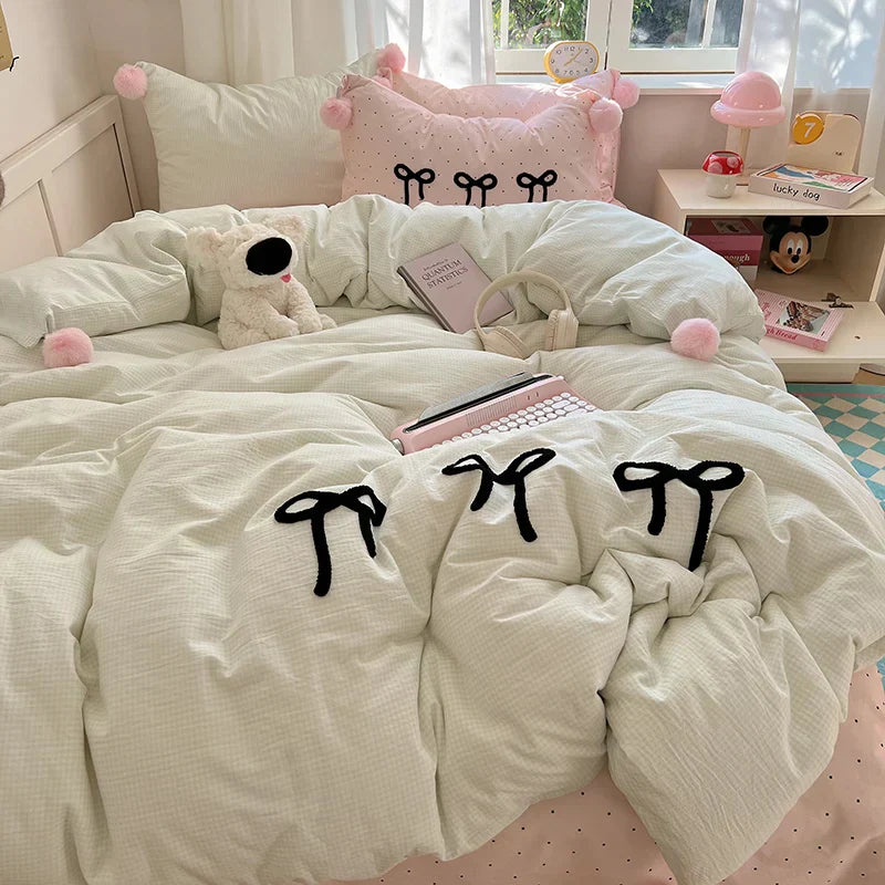 GobekUsa Korean Princess Bow Lattice Pompom Bedding Set - Single Queen Size, photo 2 of 11
