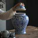 GobekUsa Blue & White Porcelain Jar with Gold Plating - Ceramic Storage & Desk Decor