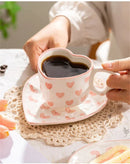 GobekUsa 250ml Coffee Cup and Saucer Set with Heart Handle Hand-painted Pink Hearts