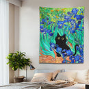 GobekUsa Irises Cat Tapestry: Van Gogh Inspired Black Cat Art & Floral Print