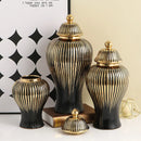 GobekUsa Black Ceramic Checkmate Ginger Jar Vase with Gold Rim