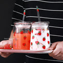 GobekUsa Glass Cup Set with Lip Straws for Cold Drinks, Handmade, 600ml Strawberry Flavor