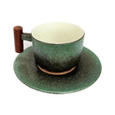 GobekUsa 130ml Blue Ceramic Retro Coffee Cup with Saucer, Wooden Handle