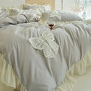 GobekUsa Korean Lace Ruffles Queen Size Duvet Cover with Bow Detail - Romantic French Design