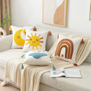 GobekUsa Boho Yellow Rainbow Star Moon Embroidery Pillow Cover 45x45cm with Tassels