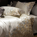 GobekUsa 4-Piece Luxury Embroidery Bedding Set in Pearl White/Grey Satin Brocade Cotton