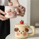 GobekUsa Animal Ceramic Mug Set: Pig Dog Design, Lid, Spoon, Saucer - Breakfast Coffee Cup