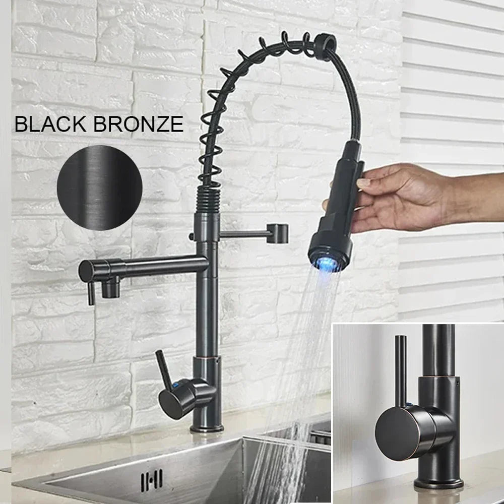 GobekUsa LED Brushed Kitchen Faucet with Pull-Down Spring, Single Handle Swivel Spout, photo 7 of 13