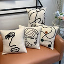 GobekUsa Lambswool Face Embroidered Cushion Cover 45x45 - Beige White Abstract Art Pillowcase