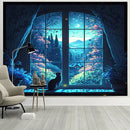 GobekUsa Dreamy Window Cat Tapestry Landscape Wall Cloth for Bedroom & Living Room