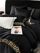 GobekUsa Gold Embroidery Duvet Set, Black Egyptian Cotton Bedding, 1000TC, Double King Queen