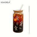 GobekUsa Christmas Themed Glass Beer Can Mug with Lid and Straw | Festive Xmas Tree and Elk Design