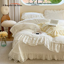 GobekUsa Lace Ruffles Bedding Set in Pearl White Cream Yellow Princess Cotton
