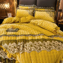 GobekUsa Black Gold Luxury Crystal Velvet Bedding Set with Quilted Embroidery & Ruffles
