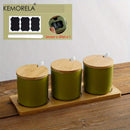 GobekUsa Japanese Retro Ceramic Seasoning Jar Set with Tray - 3-Piece Kitchen Organizer