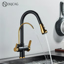 GobekUsa Gourmet Pull Out Black Gold Kitchen Faucet with Sprayer Mixer Swivel Sink Tap