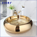 GobekUsa Golden Plated Round Ceramic Luxury Bath Mixer Set with Brass Faucet & Pop Drain