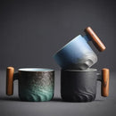 GobekUsa Gradient Glaze Ceramic Coffee Cup with Wooden Handle for Home and Office