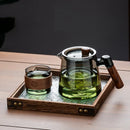 GobekUsa Glass Tea Set with Wooden Handle Teapot on Retro Glass Tray