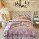 GobekUsa Korean Princess Lace Ruffles Bedding Set in Bean Paste Pink