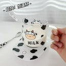 GobekUsa 13.5oz Cow Pattern Glass Mug with Spoon Lid for Student Dormitory