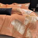 GobekUsa Gold Ginkgo Leaf Embroidery Bedding Set - 100% Cotton Luxury 4Pcs