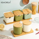 GobekUsa Japanese Retro Ceramic Seasoning Jar Set with Tray - 3-Piece Kitchen Organizer