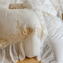 GobekUsa French Rose Flowers Lace Wedding Bedding Set with Ruffles