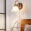 GobekUsa LED Wall Light Glass Fixture Pull Chain Switch Wood Bedside Sconce