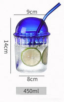 GobekUsa 450ml Striped Glass Cup with Lid and Straw, Ideal for Coffee, Juice, Milk, or Tea