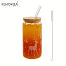 GobekUsa Christmas Themed Glass Beer Can Mug with Lid and Straw | Festive Xmas Tree and Elk Design