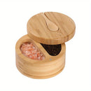 GobekUsa Bamboo Seasoning Box with Spoon - Rotating Cover Spice Container