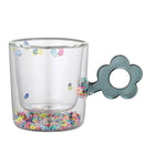 GobekUsa 250ml Double Wall Glass Mug with Glitter Flowers and Flower Handle