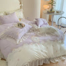 GobekUsa 4Pcs Flowers Embroidery Princess Queen Bedding Set with Lace Ruffles
